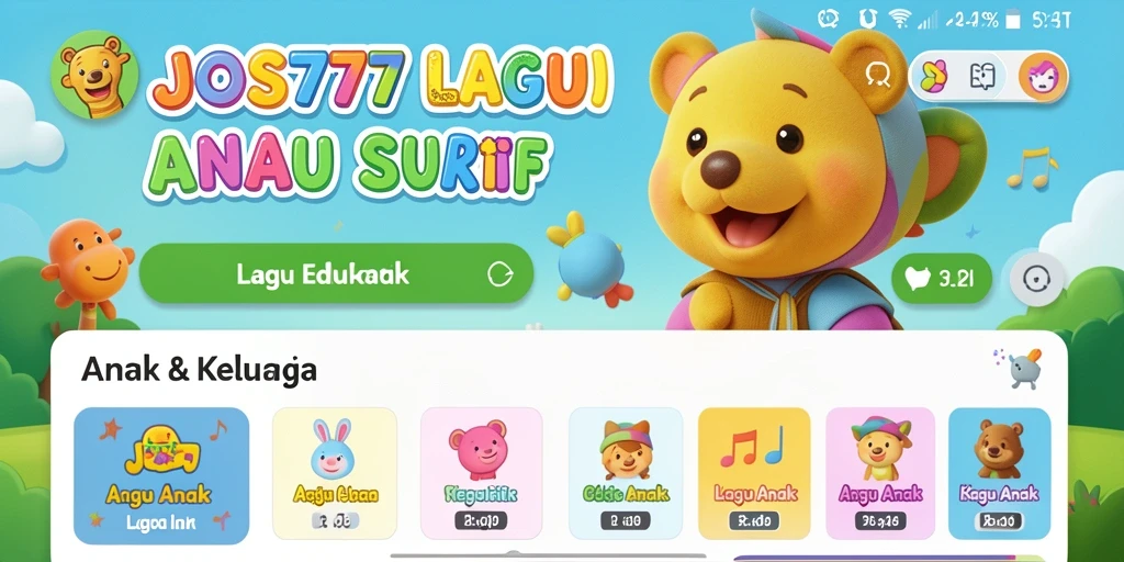 Antarmuka ceria JOSS777 dengan banyak pilihan lagu anak.