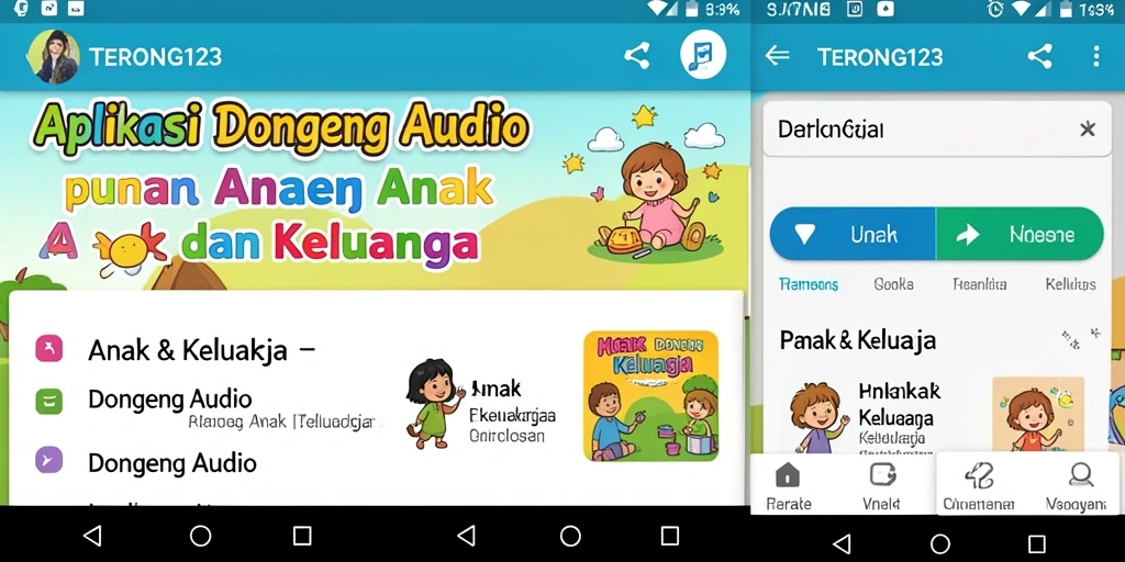 Antarmuka aplikasi TERONG123 untuk mendengarkan dongeng audio.